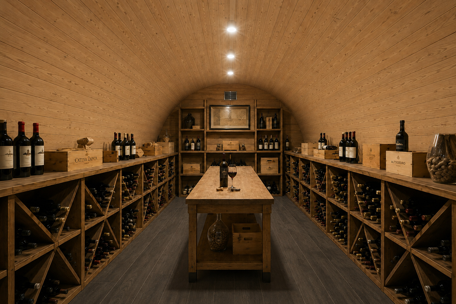 Bodega y cava conceptual con revestimiento de PVC símil madera y piso gris