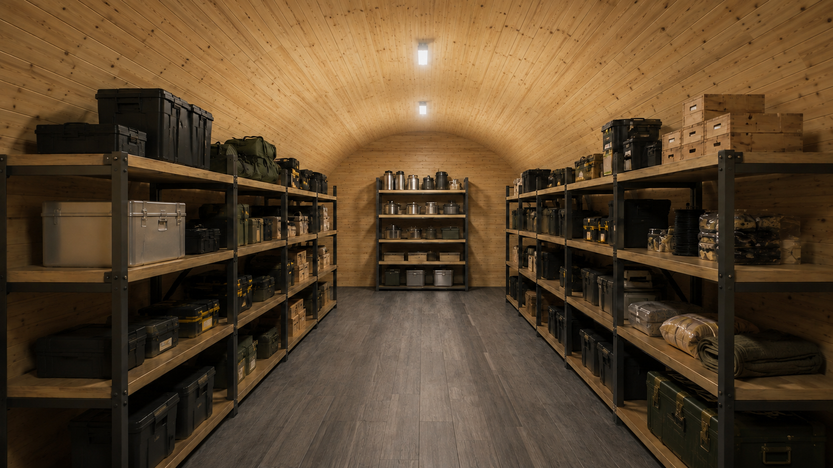 Interior conceptual revestido en PVC símil madera y acondicionado como depósito seguro