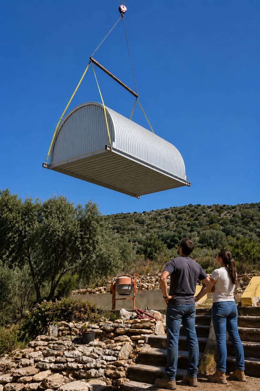 Módulo prefabricado elevado por una grúa