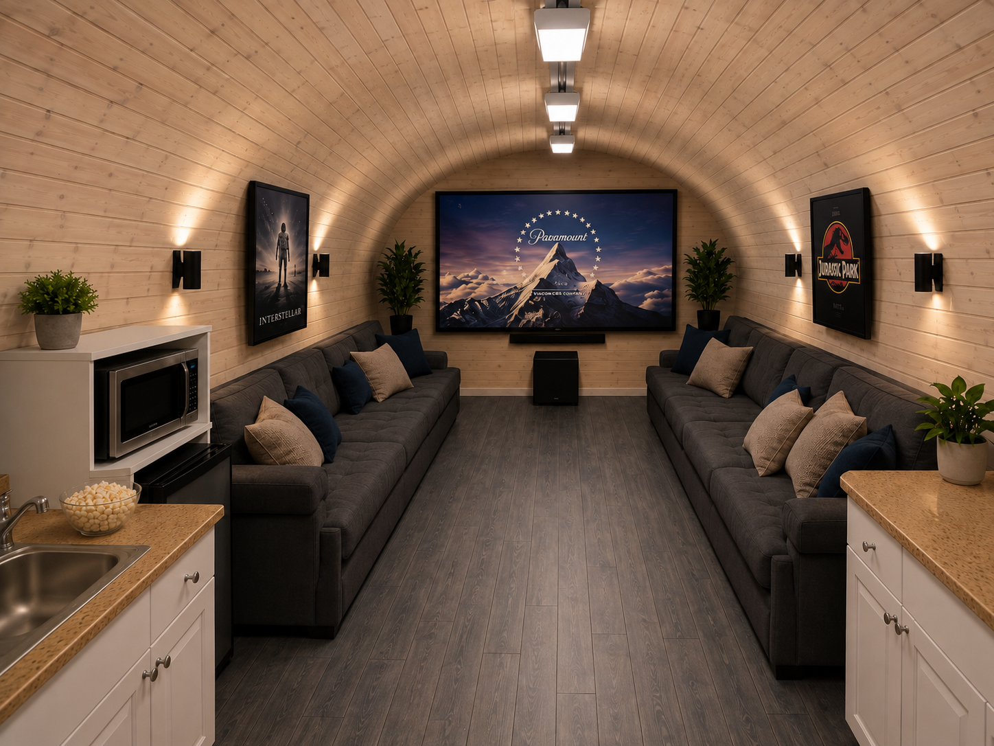 Interior conceptual revestido en PVC símil madera y acondicionado como sala de entretenimiento