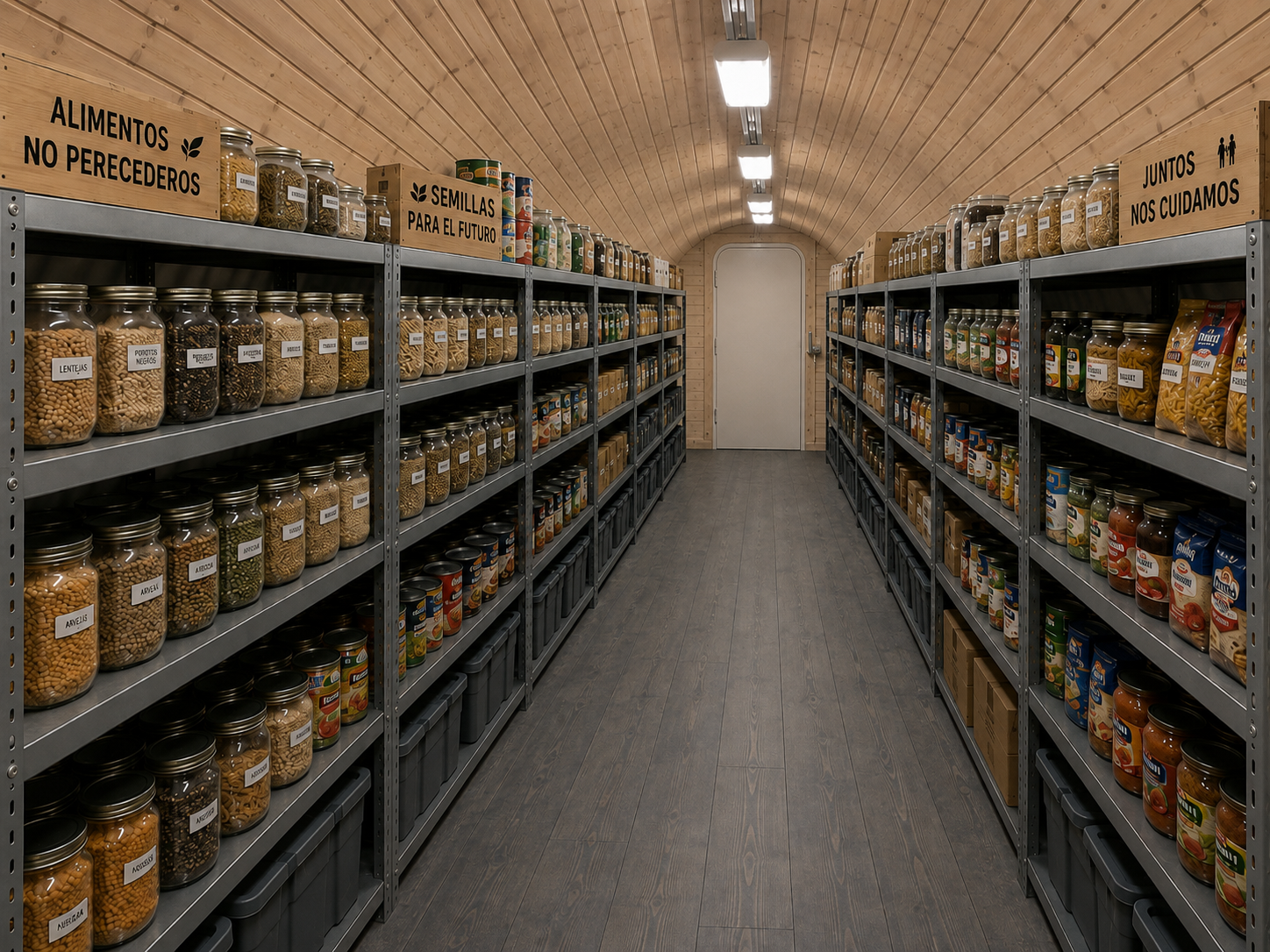 Interior conceptual revestido en PVC símil madera, organizado con alimentos y suministros